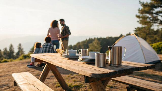 Family camping trip in fun summer vacation. Family camping outdoor picnic summer vacation mountain tent happy nature enjoy together adventure. outdoor activity, adventure holiday, travel, picnic