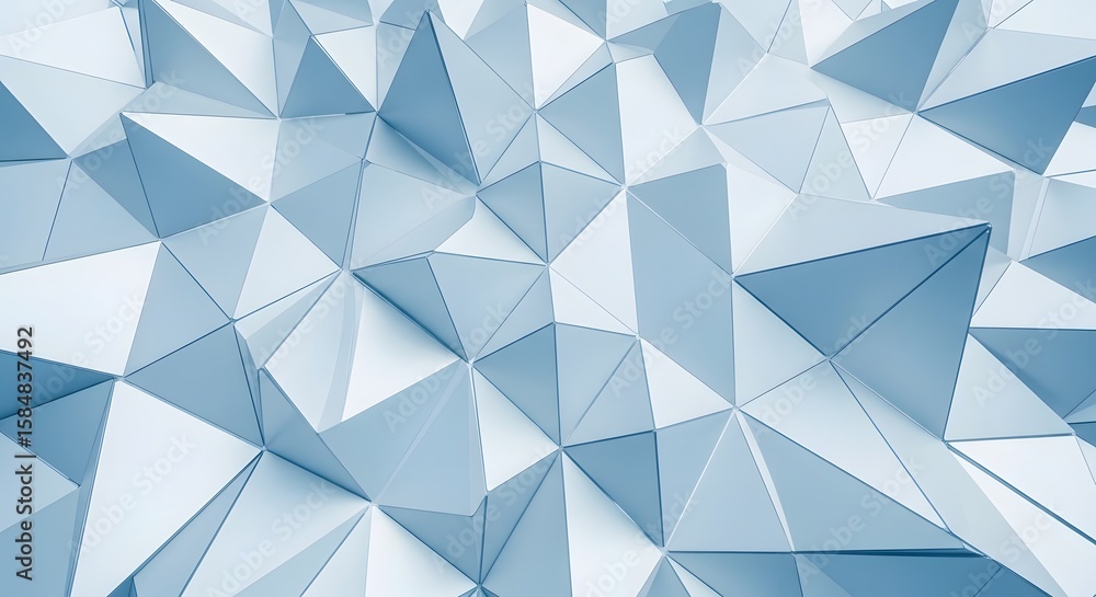 Poster abstract geometric pattern of light blue, three-dimensional triangular shapes forming a textured sur