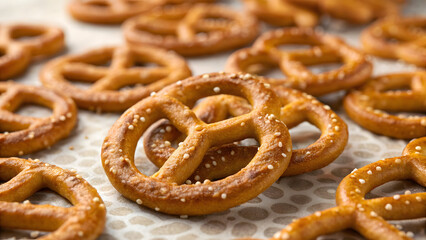 Golden Knot Pretzels: An overhead shot captures a cluster of golden brown baked knot pretzels, lightly salted, offering a satisfying crunch and savory taste.
