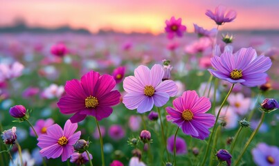 Obraz premium Blooming cosmos flowers in pink and purple shades during a golden sunset
