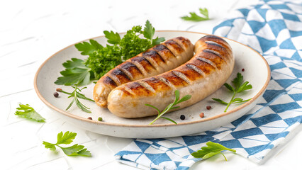 Grilled Sausages on a Plate: Perfectly grilled sausages, garnished with fresh herbs and spices, presented on a plate, ready for a delightful meal.