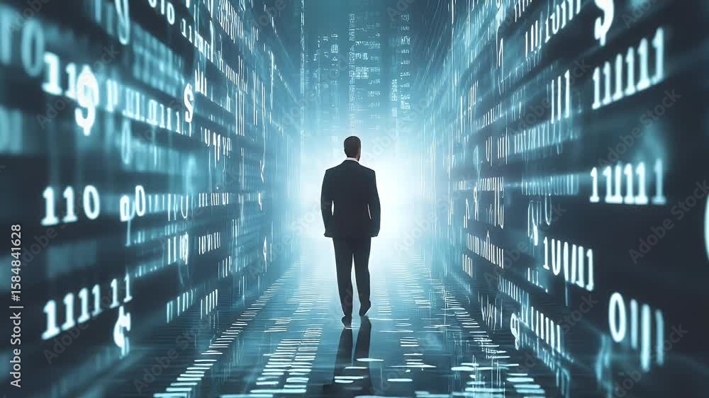 Poster a silhouette businessman walks through binary code tunnel symbolizing data and technology with digit