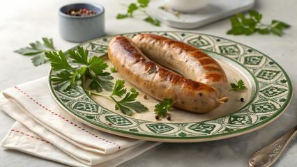 Gourmet Sausage Plate: Savor the visual delight of this exquisite plate featuring two perfectly grilled sausages, artistically presented with fresh parsley and a touch of culinary flair.