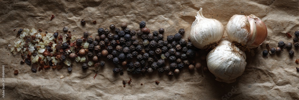 Poster peppercorns and garlic arranged on parchment creating a minimalist culinary aesthetic with an upper 