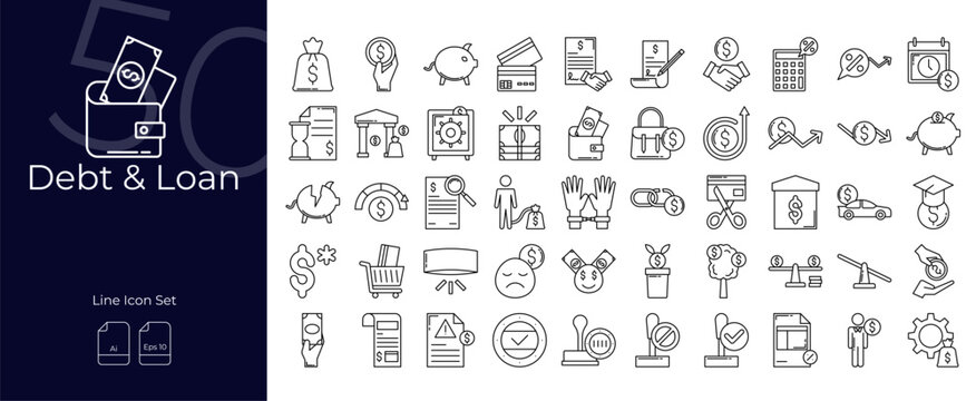 Debt And Loan Line Editable Icons set. Vector illustration in modern thin line style of Debt And Loan icons: debt,finance,loan,money, etc