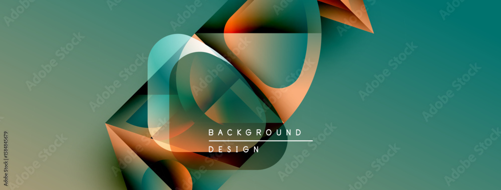 Poster abstract geometric shapes overlap, creating dynamic visual effect. teal, orange hues dominate compos