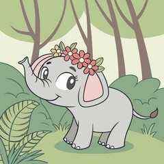 Cartoon elephant with flower crown in a forest setting with trees and foliage, smiling sweetly and cute