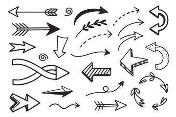  Vector collection of hand drawn black arrows in various styles pointing in different directions on white background