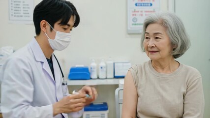 Young Asian male doctor giving a vaccine shot to a smiling elderly Asian woman in a clinic. Healthcare and medical concept. - Powered by Adobe