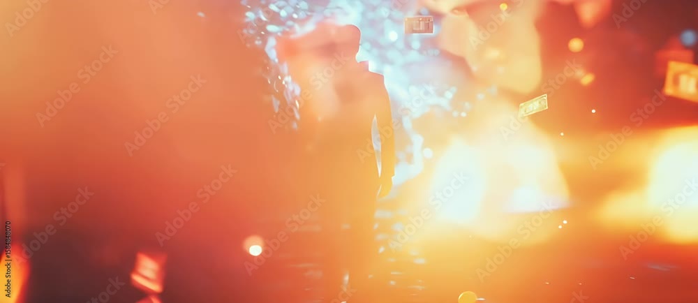 Poster silhouette figure in orange light with blurred bokeh background and floating objects creates mysteri