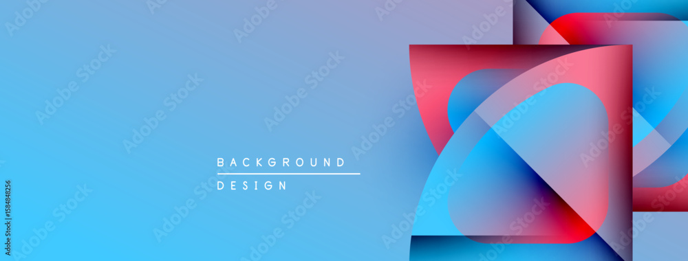 Poster abstract geometric shapes overlap, creating vibrant blue, red gradients. modern design elements sugg