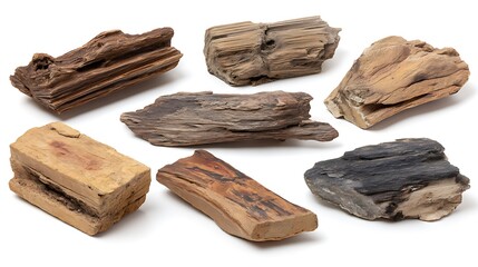 Assorted Natural Wood Pieces Textured and Weathered on White Background