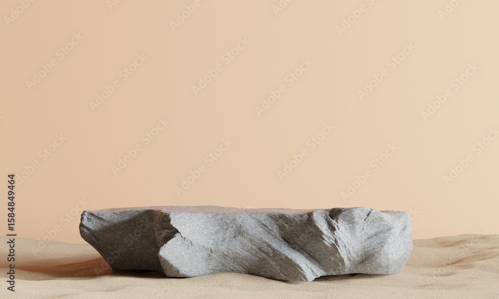 Poster natural stone podium display on sandy ground with muted background for product presentation. 3d rend