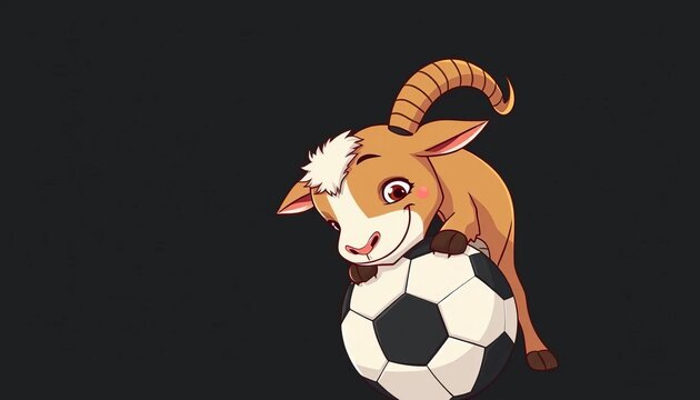 Cheeky cartoon goat headbutts soccer ball, dark background, kid, fluffy
