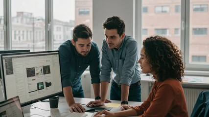 Diverse team of young professionals working together in a modern office. Two men and a woman collaborating on a creative project on a computer.