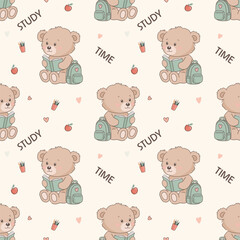 Sweet Teddy Bear Schoolboy Enjoys Reading a Book in a Playful Seamless Vector Pattern Design