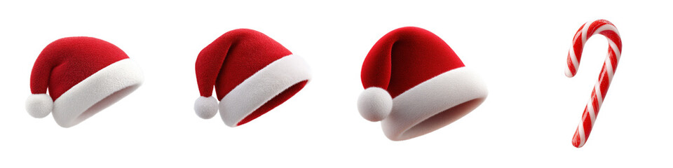 Three santa hats and a candy cane isolated on transparent background