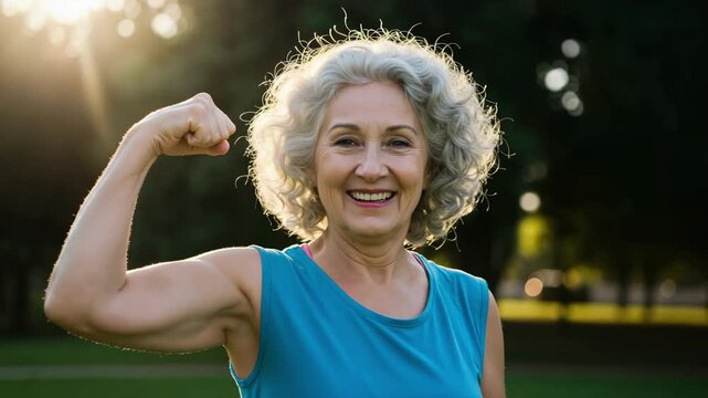 Happy senior woman flexing her bicep and smiling. Strong elderly lady showing muscles outdoors. Active lifestyle and vitality in old age.