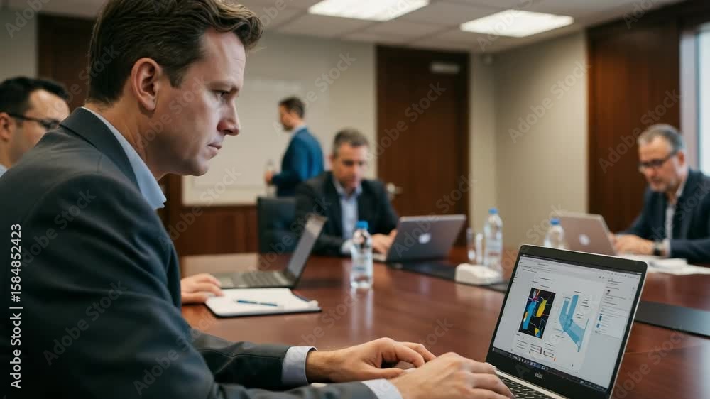 Poster focused businessman working on a laptop in a corporate meeting with colleagues. professional caucasi