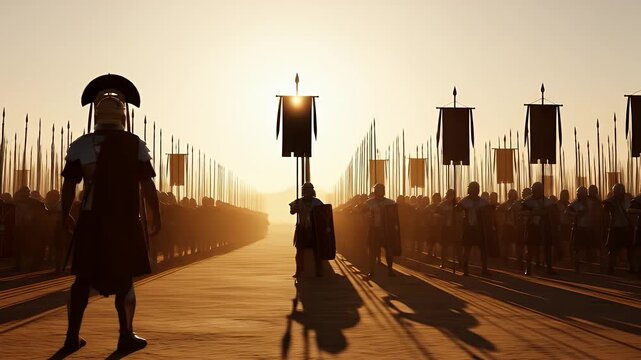 Ancient soldier parade with banners and shadows at sunset creating dramatic silhouette scenes
