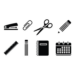 Fototapeta premium Collection of office supplies and stationery items silhouette isolated on white background