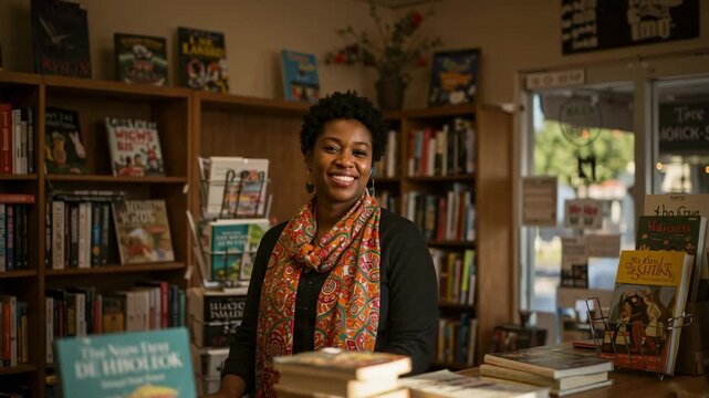 Portrait of a smiling African American woman owner in her independent bookstore. Happy Black female entrepreneur standing behind the counter in a local bookshop.