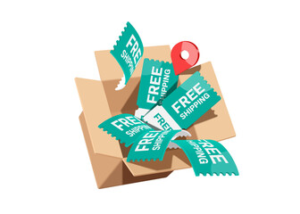 Obraz premium Green promotion sign or tag label with delivery free shipping text place on parcel box or cardboard box for delivery promotion, vector 3d isolated for delivery, online shopping, e commerce concept