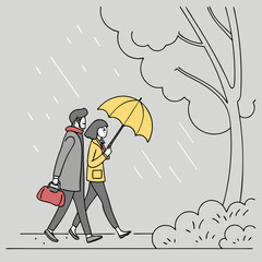 A couple walking in the rain under a yellow umbrella near a tree and bushes in a simple illustration