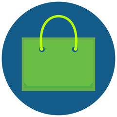 A green colored Paper Shopping Bag on a blue shape isolated on a white background.