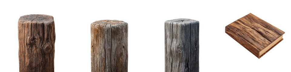 Four wooden posts, showcasing different textures and aging, including a rectangular wood block, isolated against a transparent backdrop