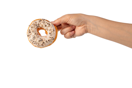 Vanilla White Chocolate Donuts Delicious Bakery Desserts and hand on transparent Background