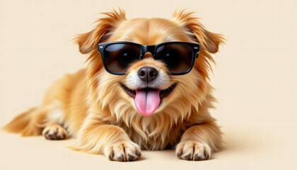 Cheerful dog wearing sunglasses, lying down with playful expression. fluffy fur and bright eyes add to its charming appearance, making it adorable companion