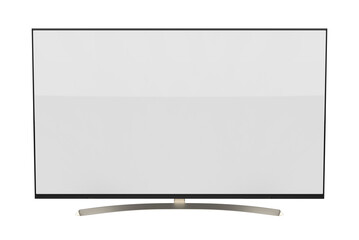 Smart TV or UHD 4K Smart Tv standing. Realistic illustration of black TV with stand and blank transparent isolated. Front shot of plasma tv screen.	