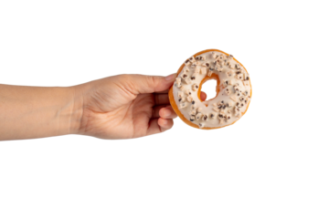 Vanilla White Chocolate Donuts Delicious Bakery Desserts and hand on transparent Background