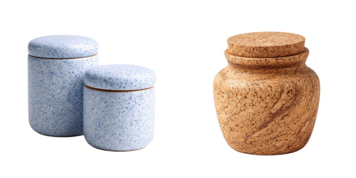 Two speckled ceramic jars with lids stand beside a cork jar with lid on a transparent background