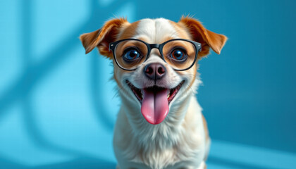 Small dog wearing glasses smiles happily against blue background, showcasing its playful and friendly nature. dog expressive eyes and joyful demeanor create charming and delightful scene