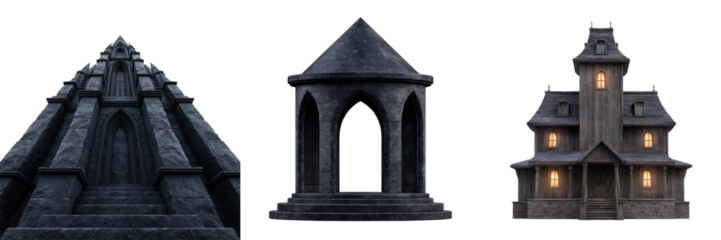 PNG Classical architectural building designs, element set on transparent background, includes temple, gazebo, haunted house
