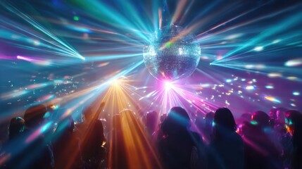 Silhouettes of people dancing under a spinning disco ball environment