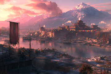 A valley at sunset prayer flags fluttering in the wind and snow capped peaks glowing pink 