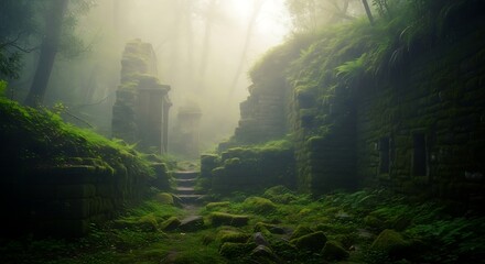 Naklejka premium Moss-covered stone ruins nestled within a misty forest, with steps leading towards a crumbling archway in a serene, overgrown landscape.