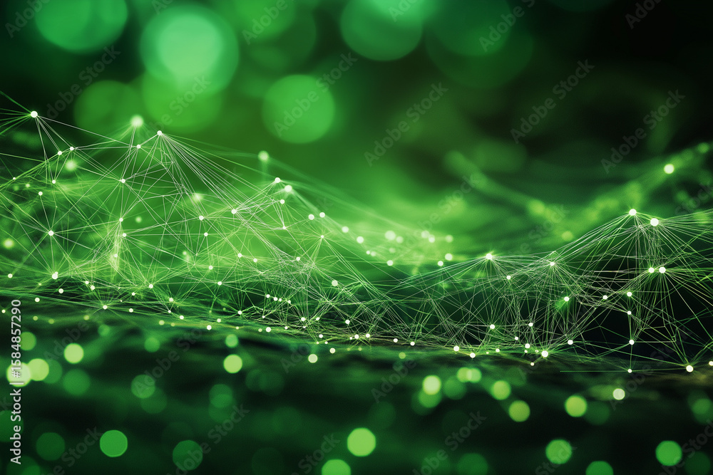 Poster an abstract image showing the flow of digital assets in a green economy, with interconnected network