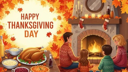 HAPPY THANKSGIVING DAY. Family celebration with parents and children by a cozy fireplace. Autumn holiday dinner with turkey.