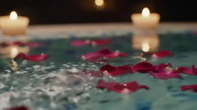 Romantic bath with rose petals, and candles. (1) - Powered by Adobe