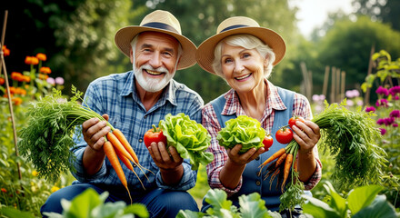 Happy senior couple shows homegrown vegetables. Senior couple smiles with a harvest of fresh carrots, lettuce and tomatoes in their garden on summer day