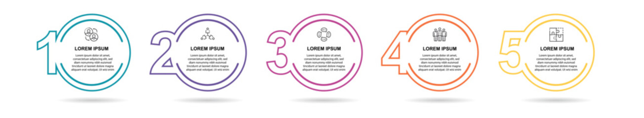 Business process circles, 5 step timeline, linear infographic, management flow, strategy presentation, numbered options