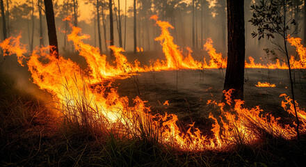 Wildfire burning through dry grass and trees on a sunny day illustrates forest fire. Dangerous flames spread, showing uncontrolled wildfires and destruction of habitats, natural hazard.