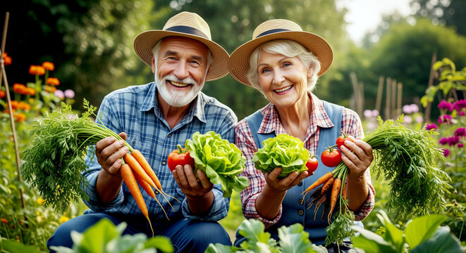 Happy senior couple shows homegrown vegetables. Senior couple smiles with a harvest of fresh carrots, lettuce and tomatoes in their garden on summer day - Powered by Adobe