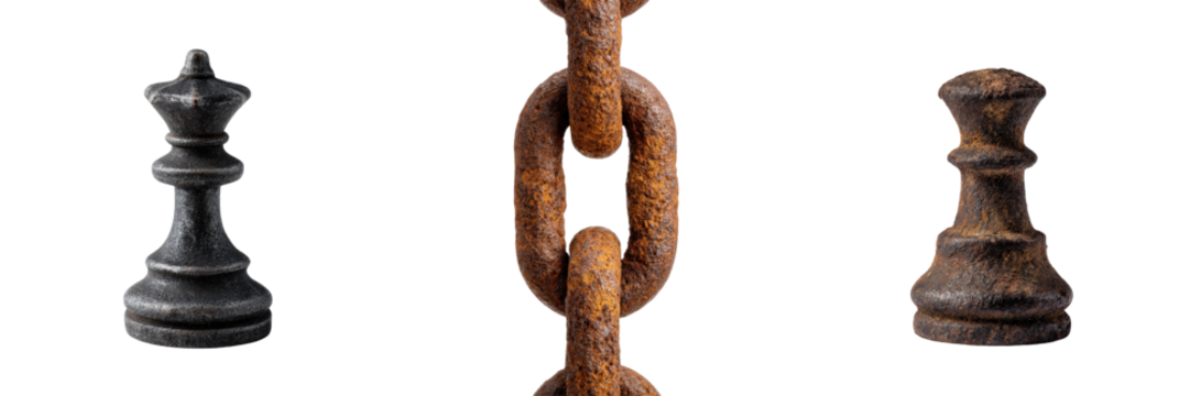 Dark queen chess piece and brown rook chess piece linked by rusty chain on transparent backdrop