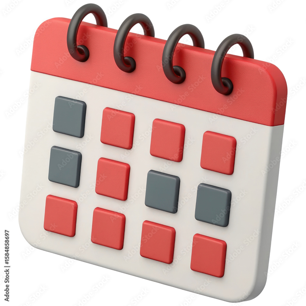 Poster 3D Render of a Calendar Icon with Red and Gray Dates Against a Transparent Background for Scheduling Concepts