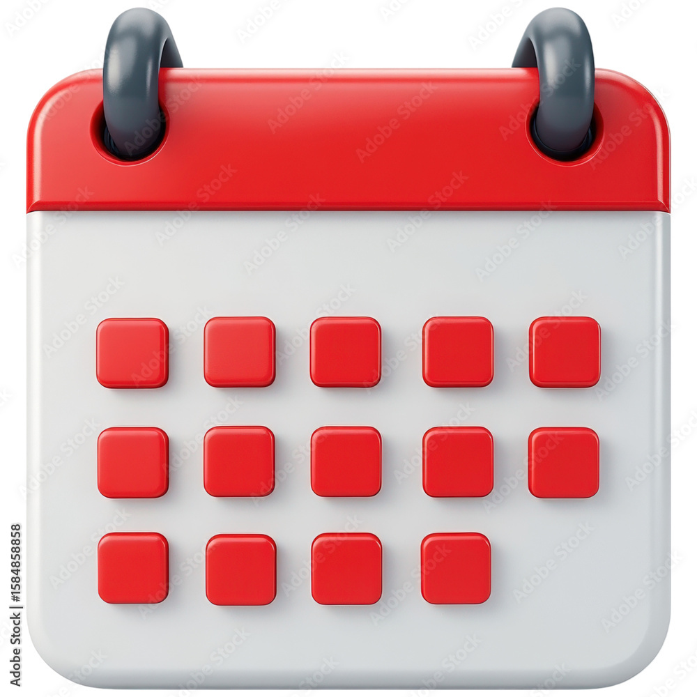 Poster 3d calendar icon with red dates on a white background and transparent backdrop for event planning gr